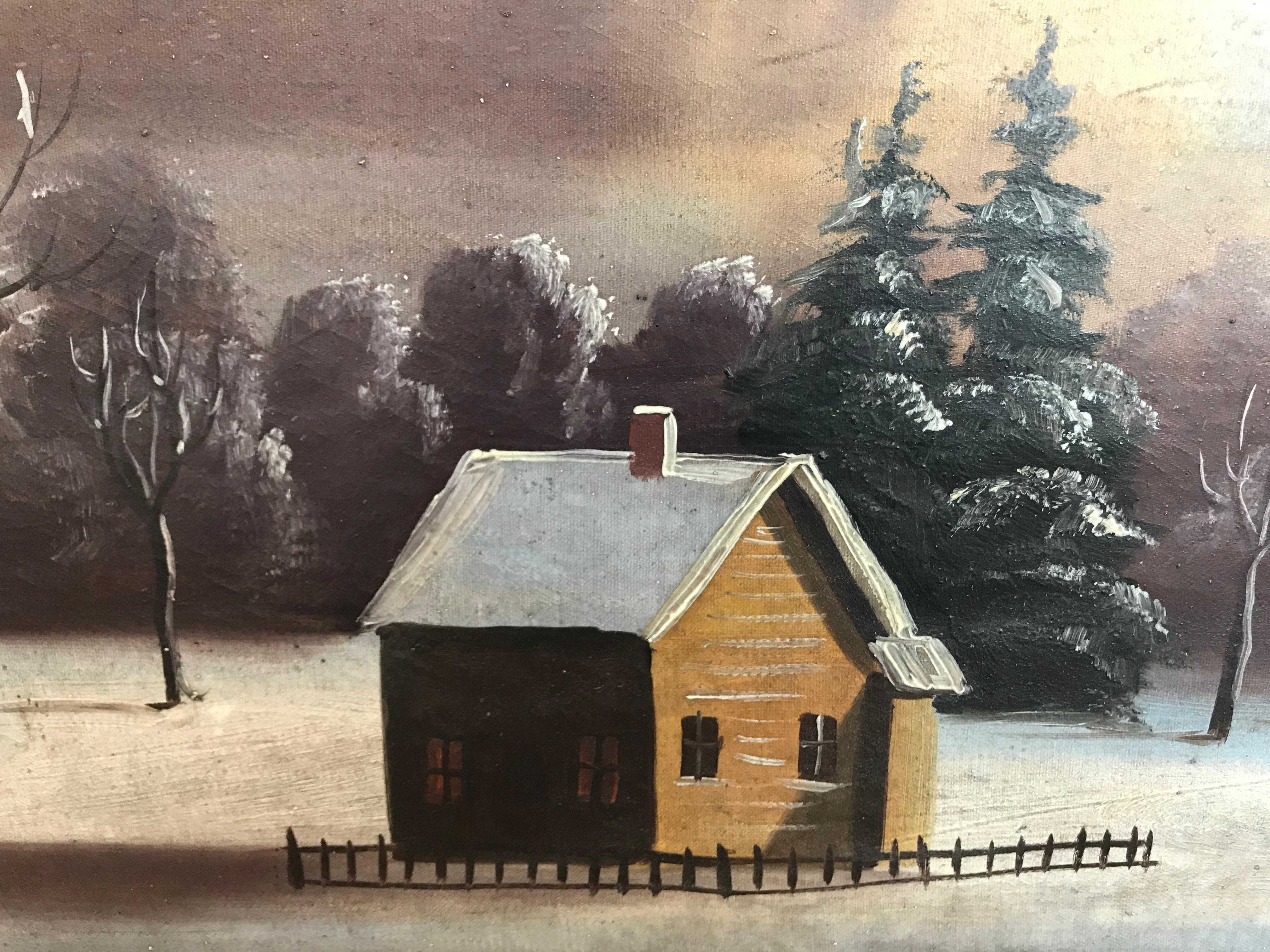 19th-20th century Naive winter landscape; American School. Unsigned oil on canvas, unframed.
