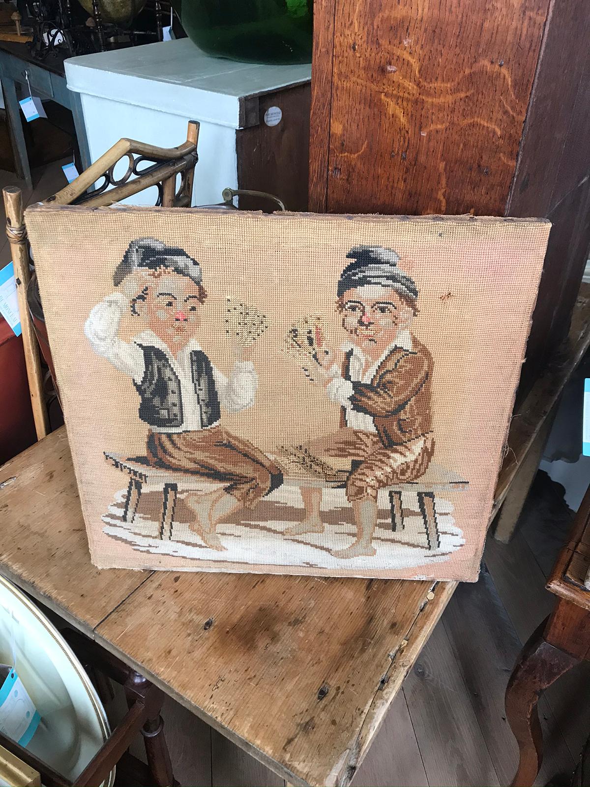 19th-20th Century Needlepoint of Card Players, Mounted to Wood Frame For Sale 7