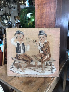 19th-20th Century Needlepoint of Card Players, Mounted to Wood Frame