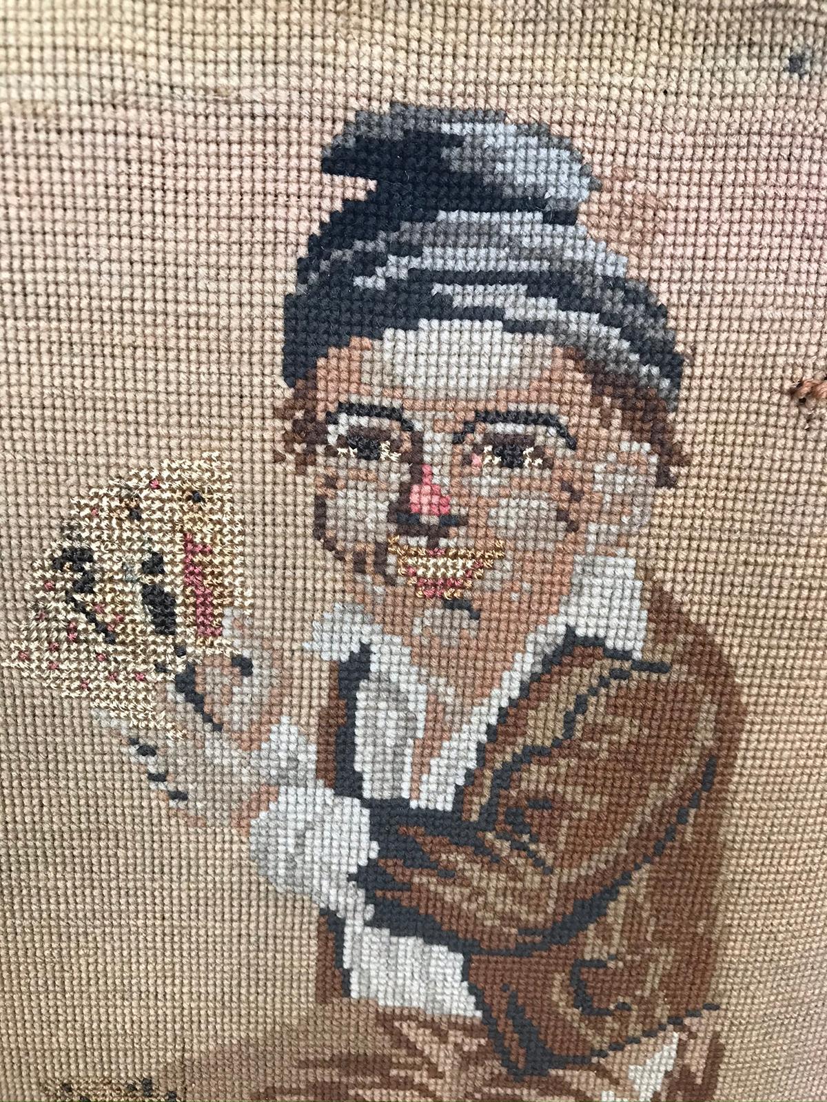 19th-20th Century Needlepoint of Card Players, Mounted to Wood Frame In Good Condition For Sale In Atlanta, GA