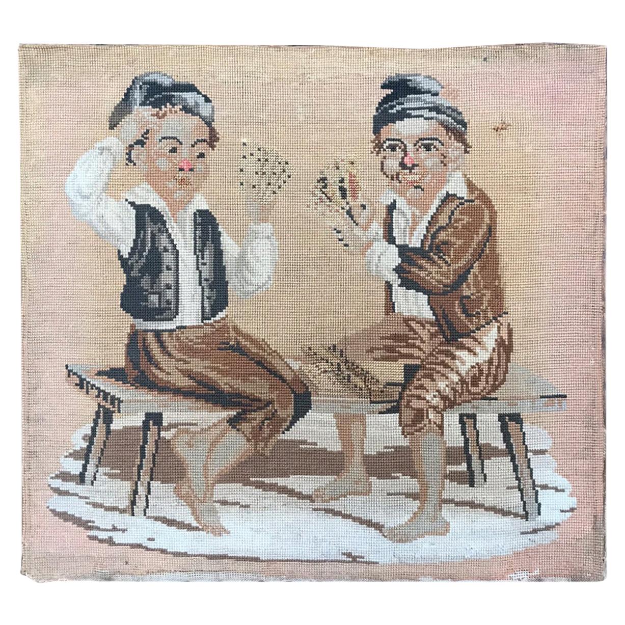 19th-20th Century Needlepoint of Card Players, Mounted to Wood Frame For Sale