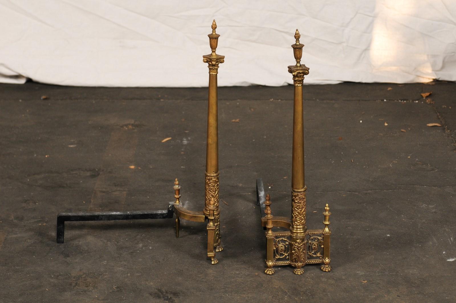 19th-20th Century Neoclassical Brass Andirons, Columns with Flaming Urns 6