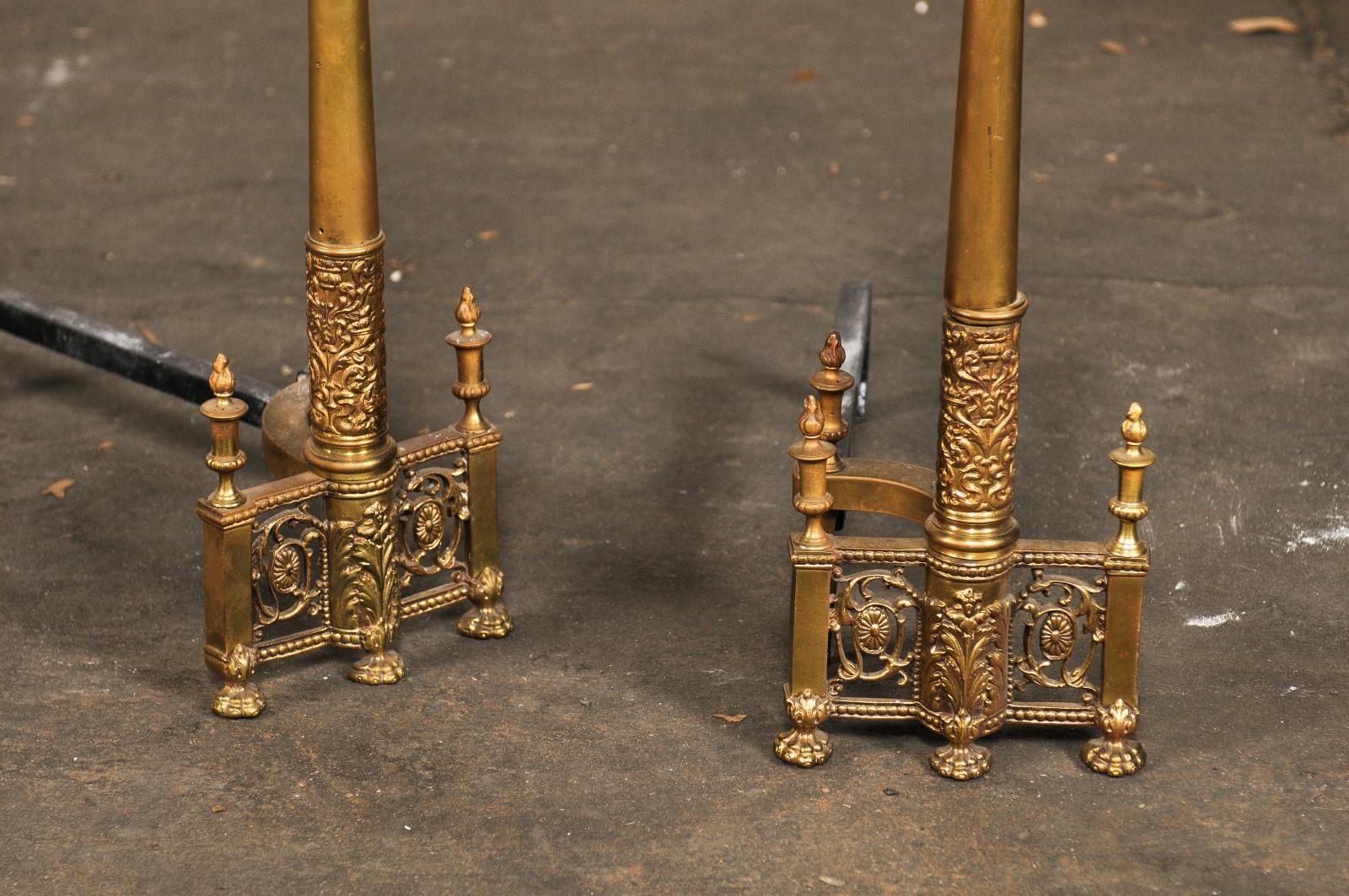 Iron 19th-20th Century Neoclassical Brass Andirons, Columns with Flaming Urns