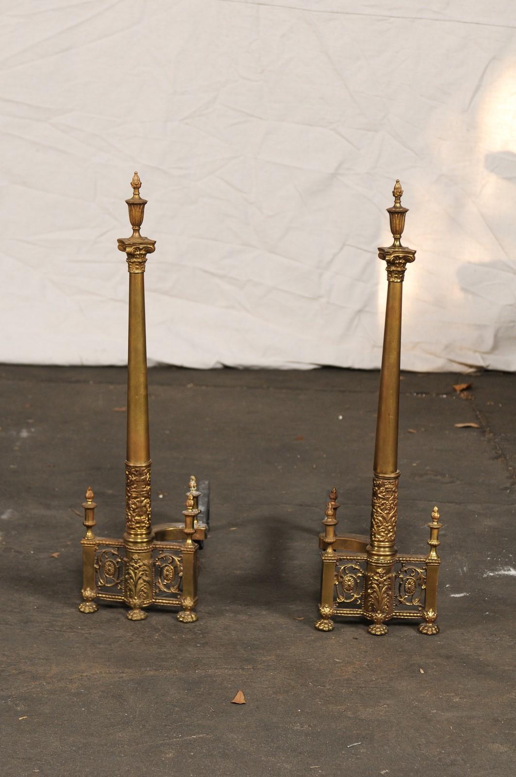 19th-20th Century Neoclassical Brass Andirons, Columns with Flaming Urns 1