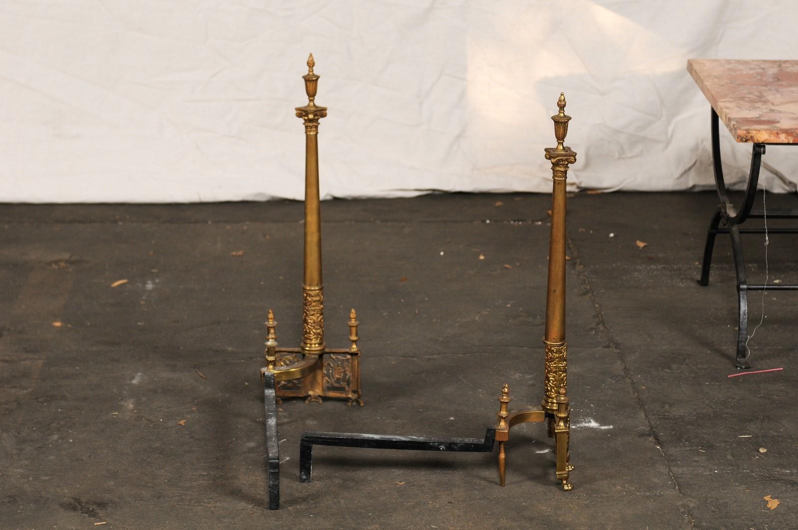 19th-20th Century Neoclassical Brass Andirons, Columns with Flaming Urns 3