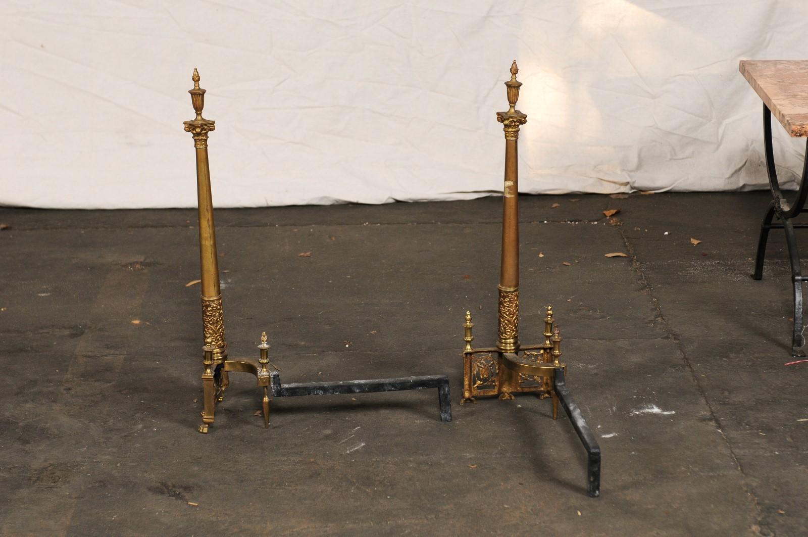 19th-20th Century Neoclassical Brass Andirons, Columns with Flaming Urns 4