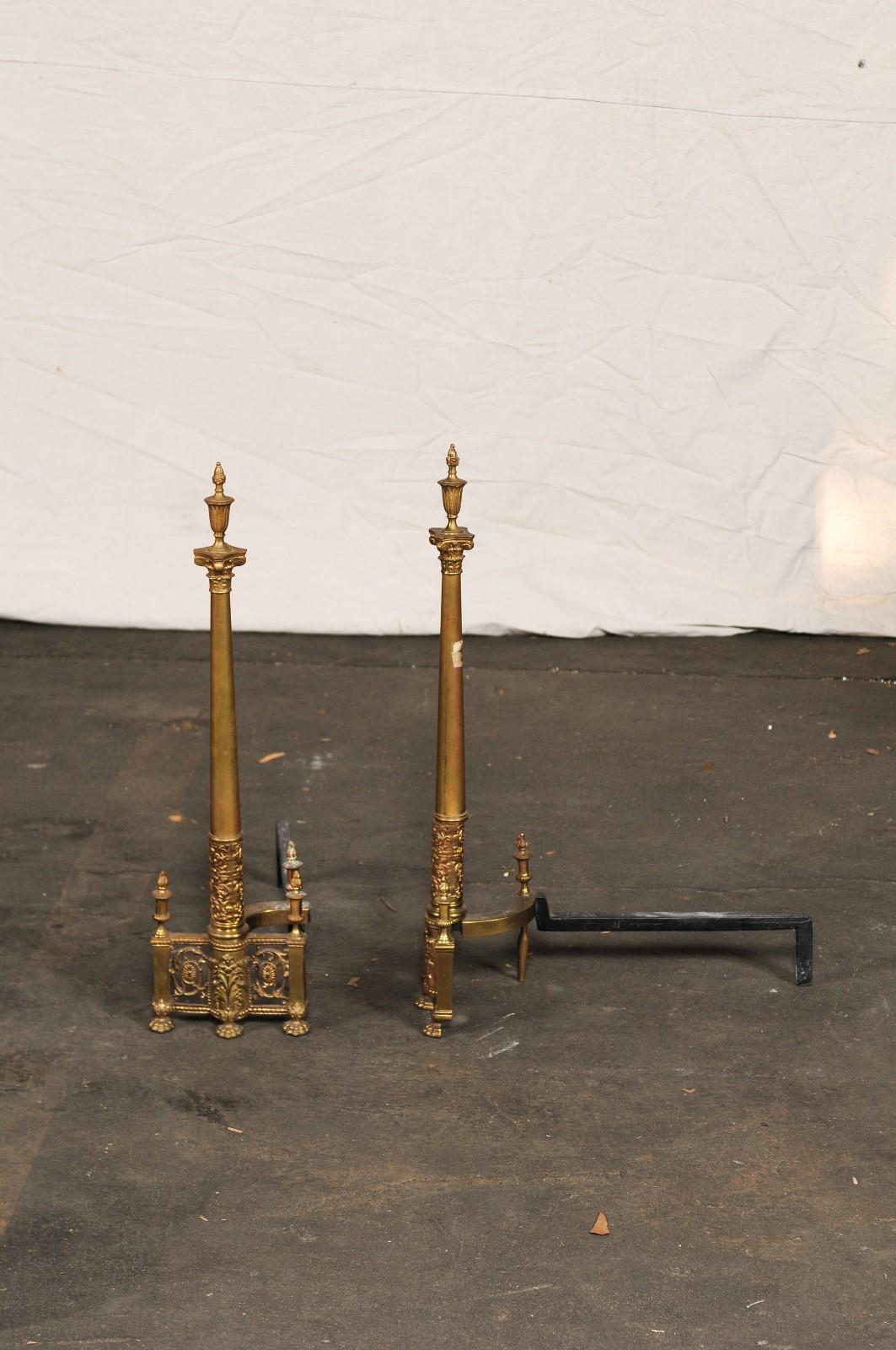 19th-20th Century Neoclassical Brass Andirons, Columns with Flaming Urns 5