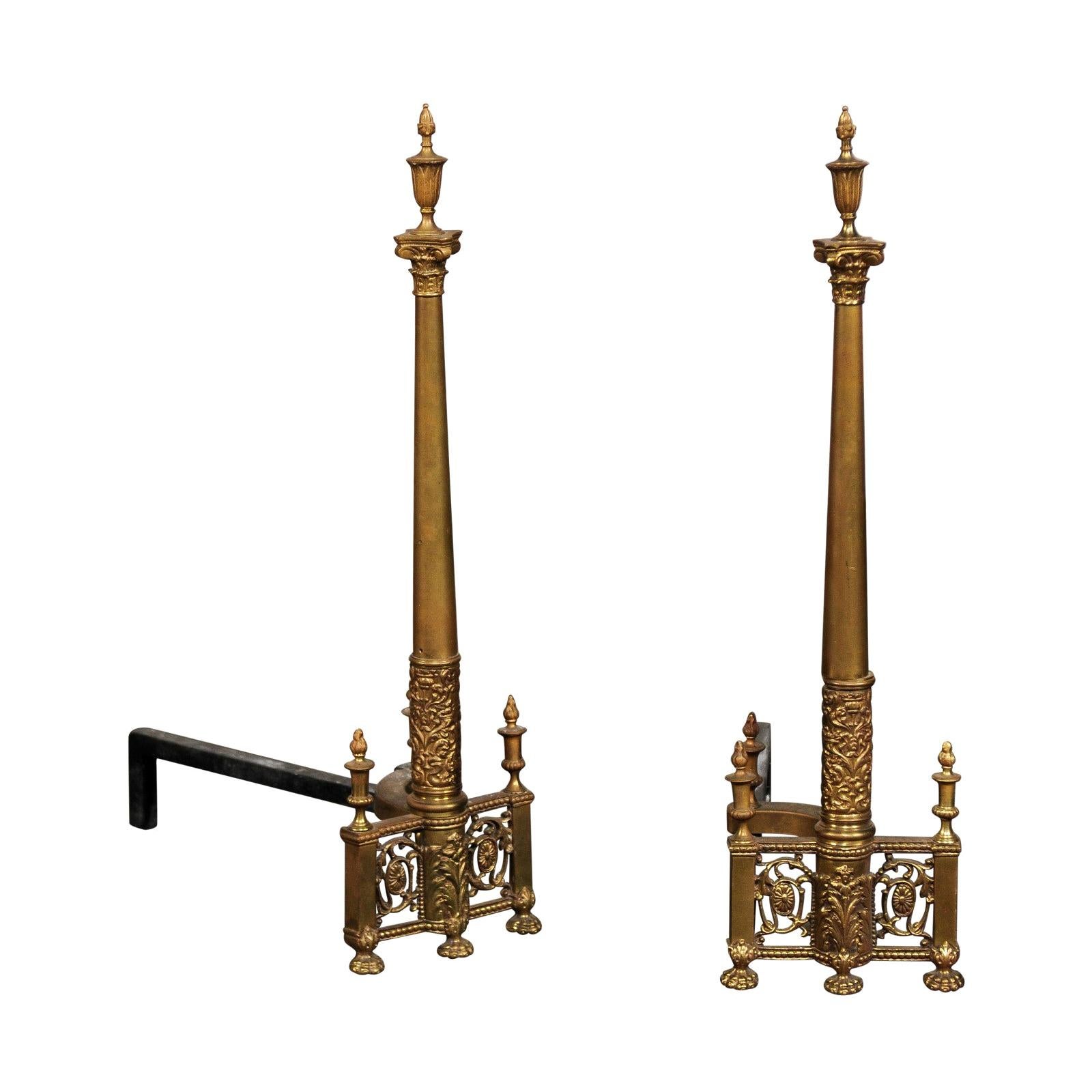 19th-20th Century Neoclassical Brass Andirons, Columns with Flaming Urns