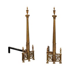 19th-20th Century Neoclassical Brass Andirons, Columns with Flaming Urns