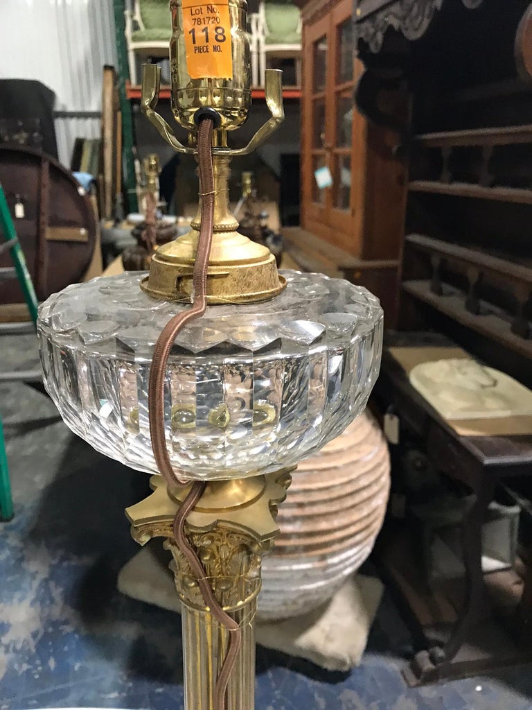 19th20th Century Neoclassical Gilt Bronze Column Lamp with Crystal Oil