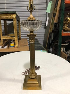 19th-20th Century Neoclassical Gilt Bronze Column Lamp with Crystal Oil Font
