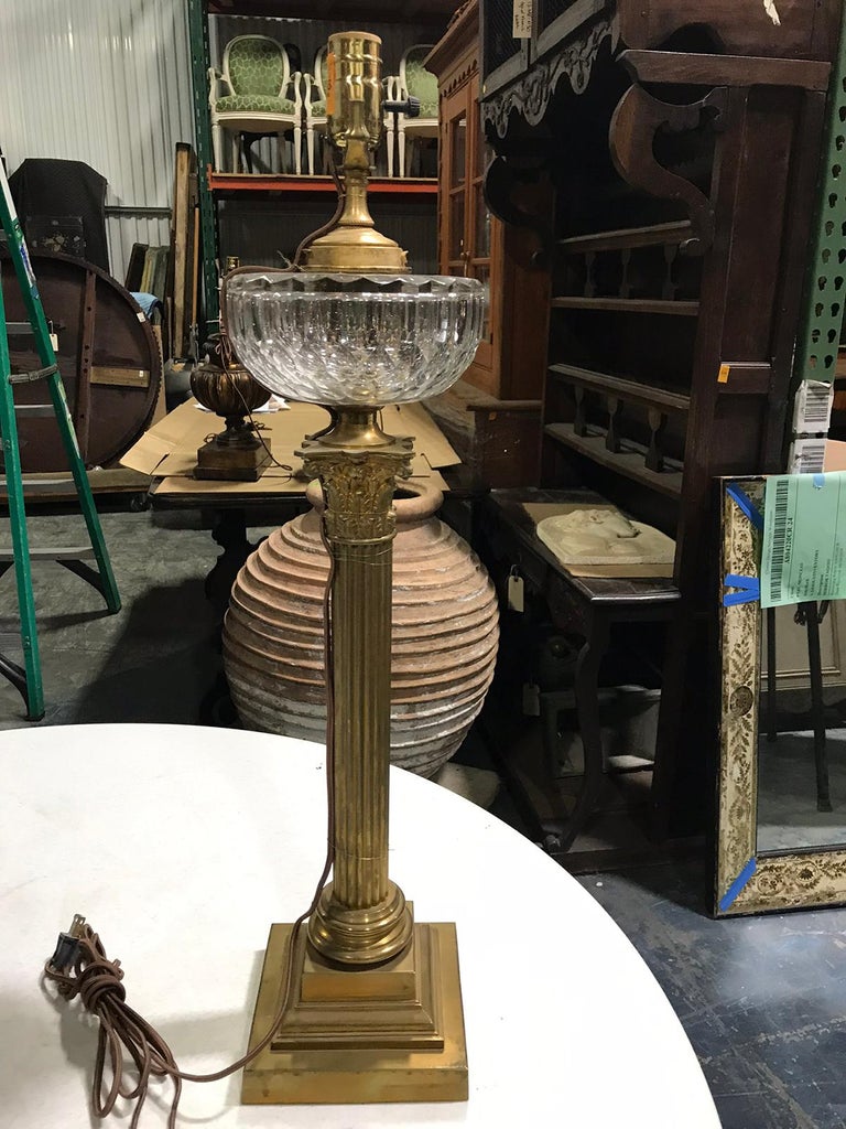 19th20th Century Neoclassical Gilt Bronze Column Lamp with Crystal Oil