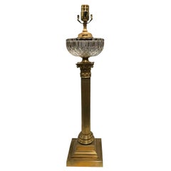 19th-20th Century Neoclassical Gilt Bronze Column Lamp with Crystal Oil Font