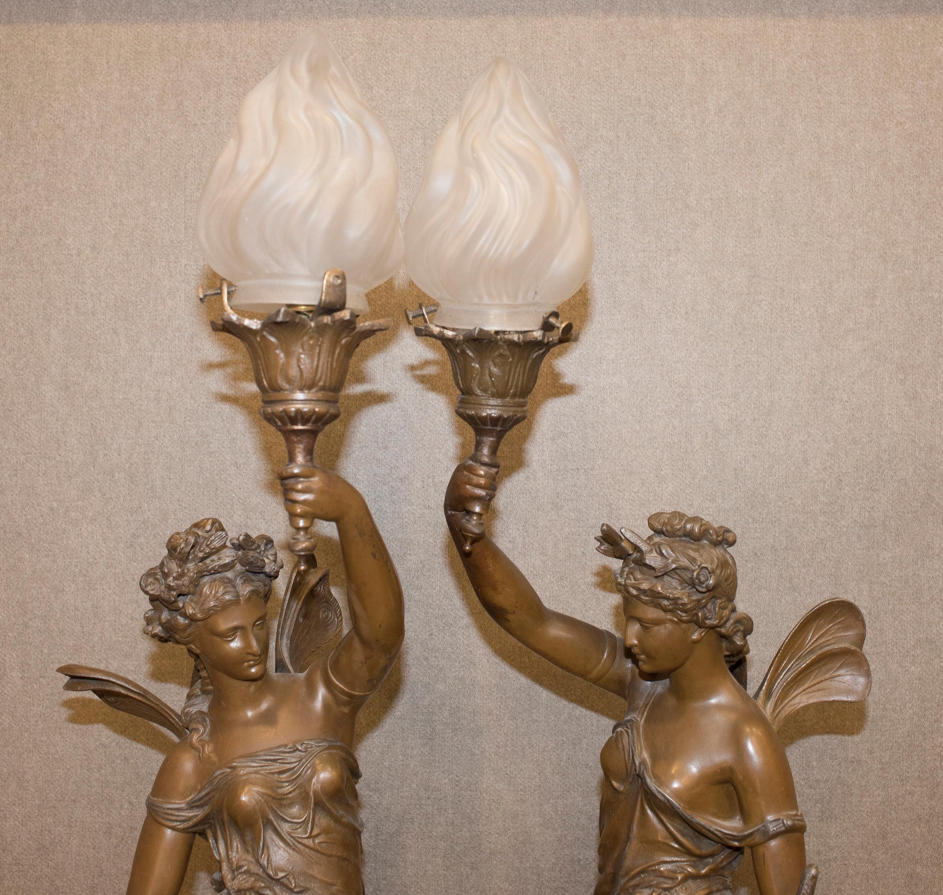 19th-20th Century Neoclassical Style Patinated Calamine, Glass, French Torchères 14