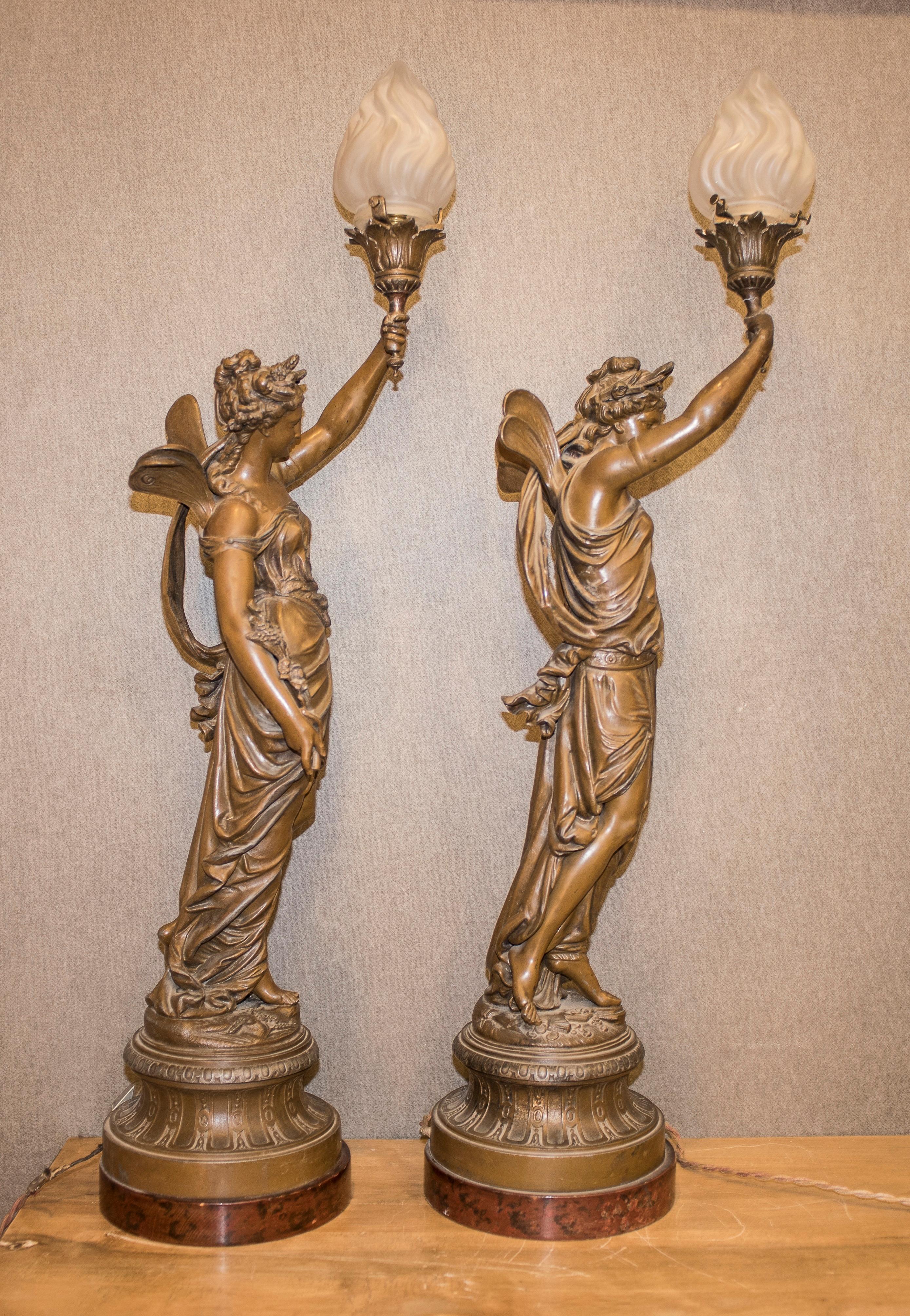 19th-20th Century Neoclassical Style Patinated Calamine, Glass, French Torchères 1