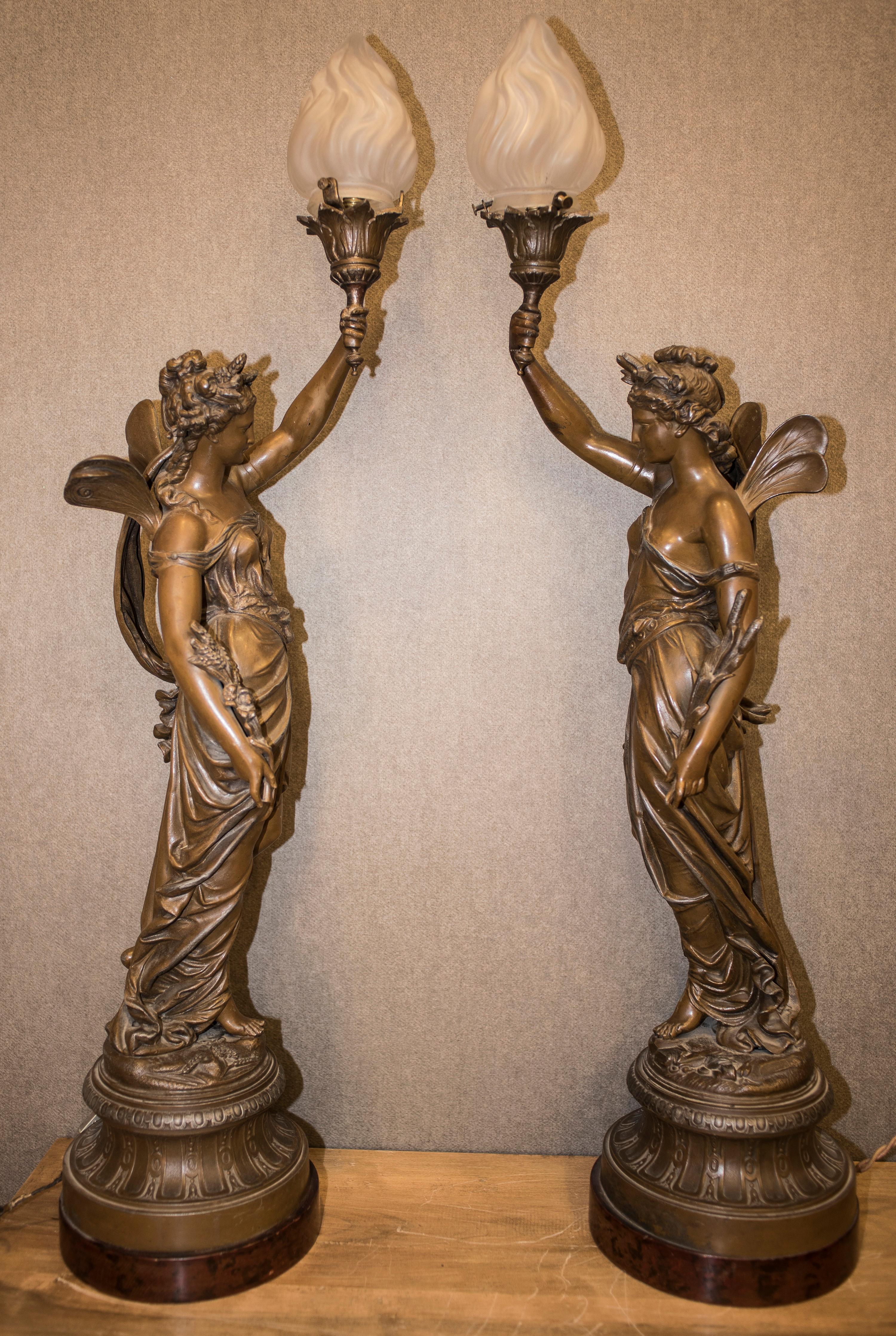 19th-20th Century Neoclassical Style Patinated Calamine, Glass, French Torchères 2