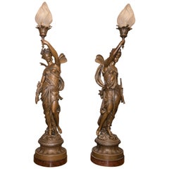 19th-20th Century Neoclassical Style Patinated Calamine, Glass, French Torchères