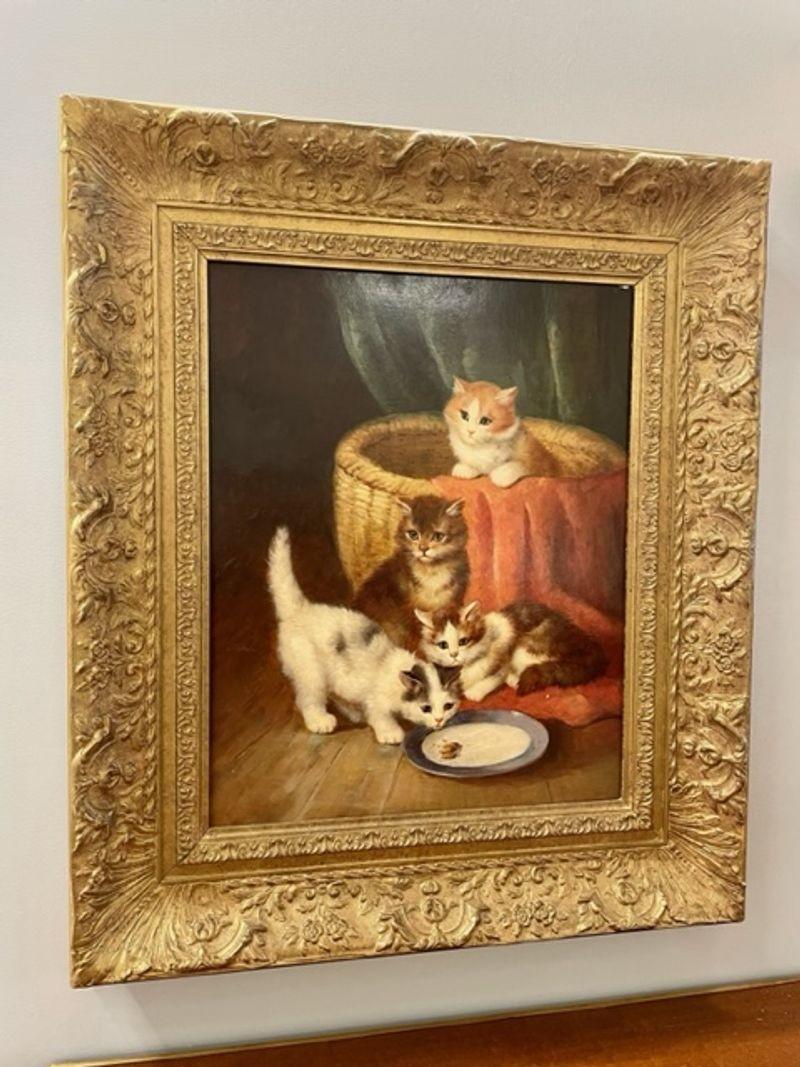 19th/20th Century Oil Painting of Kittens in a Basket at Feeding Time In Good Condition For Sale In Stamford, CT