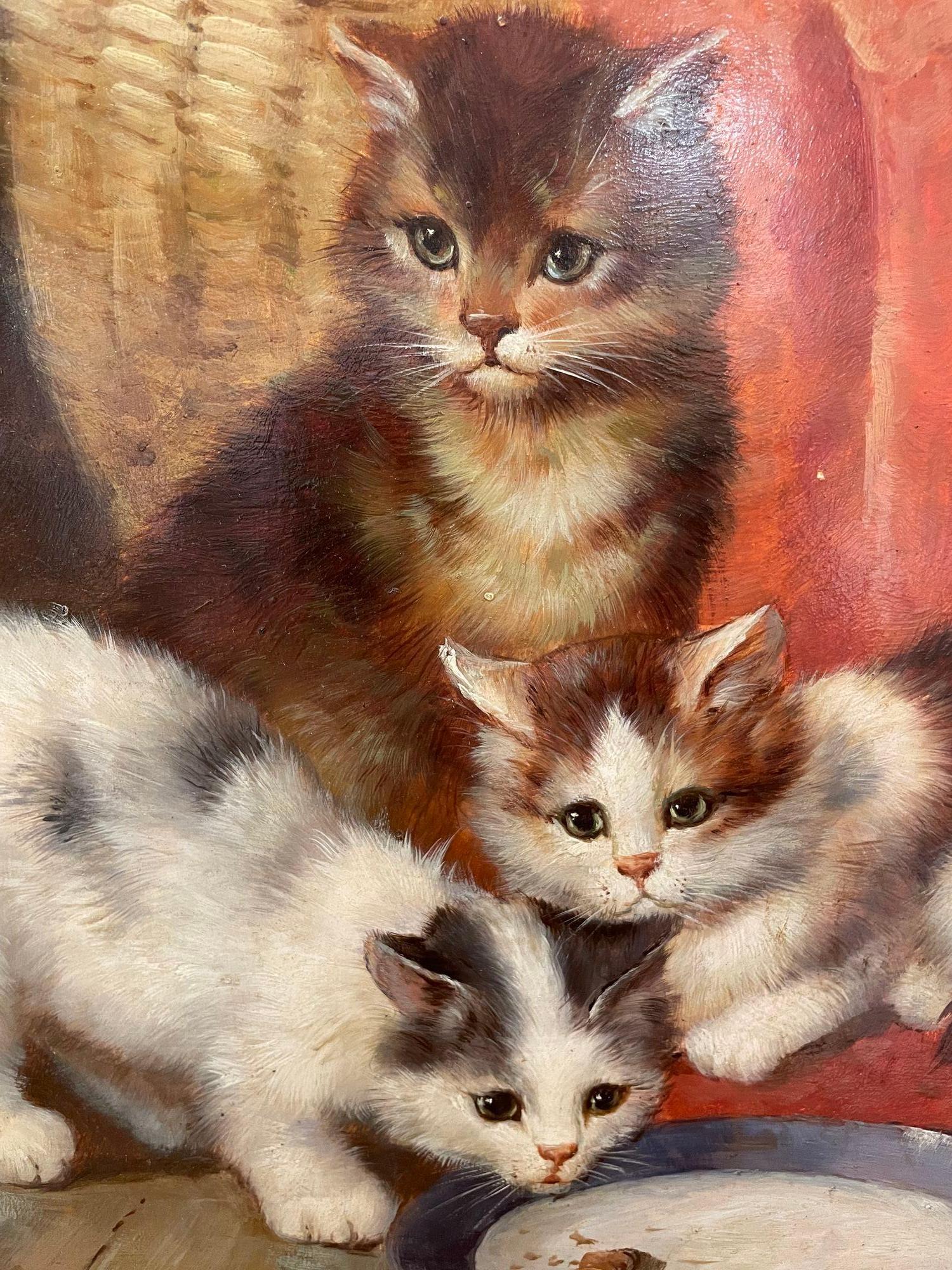 Canvas 19th/20th Century Oil Painting of Kittens in a Basket at Feeding Time For Sale