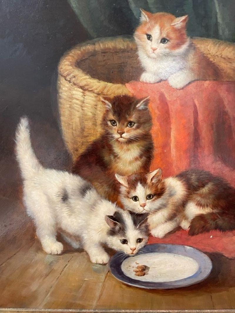 19th/20th Century Oil Painting of Kittens in a Basket at Feeding Time For Sale 1