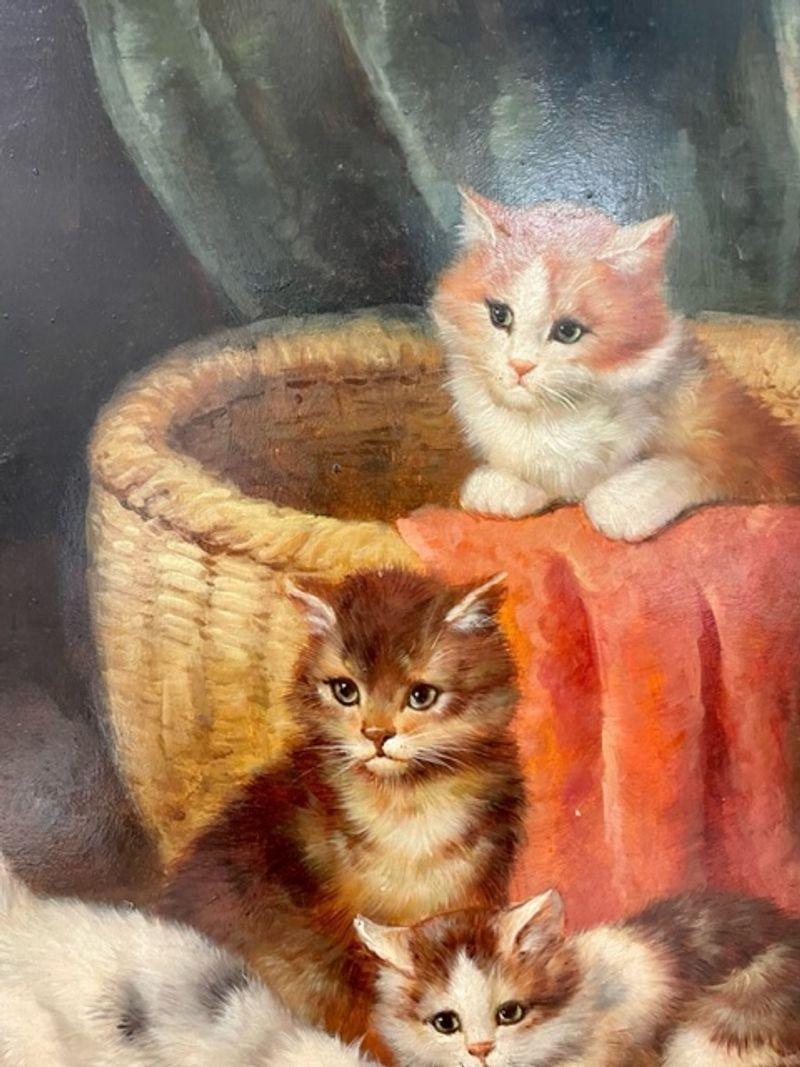 19th/20th Century Oil Painting of Kittens in a Basket at Feeding Time For Sale 2