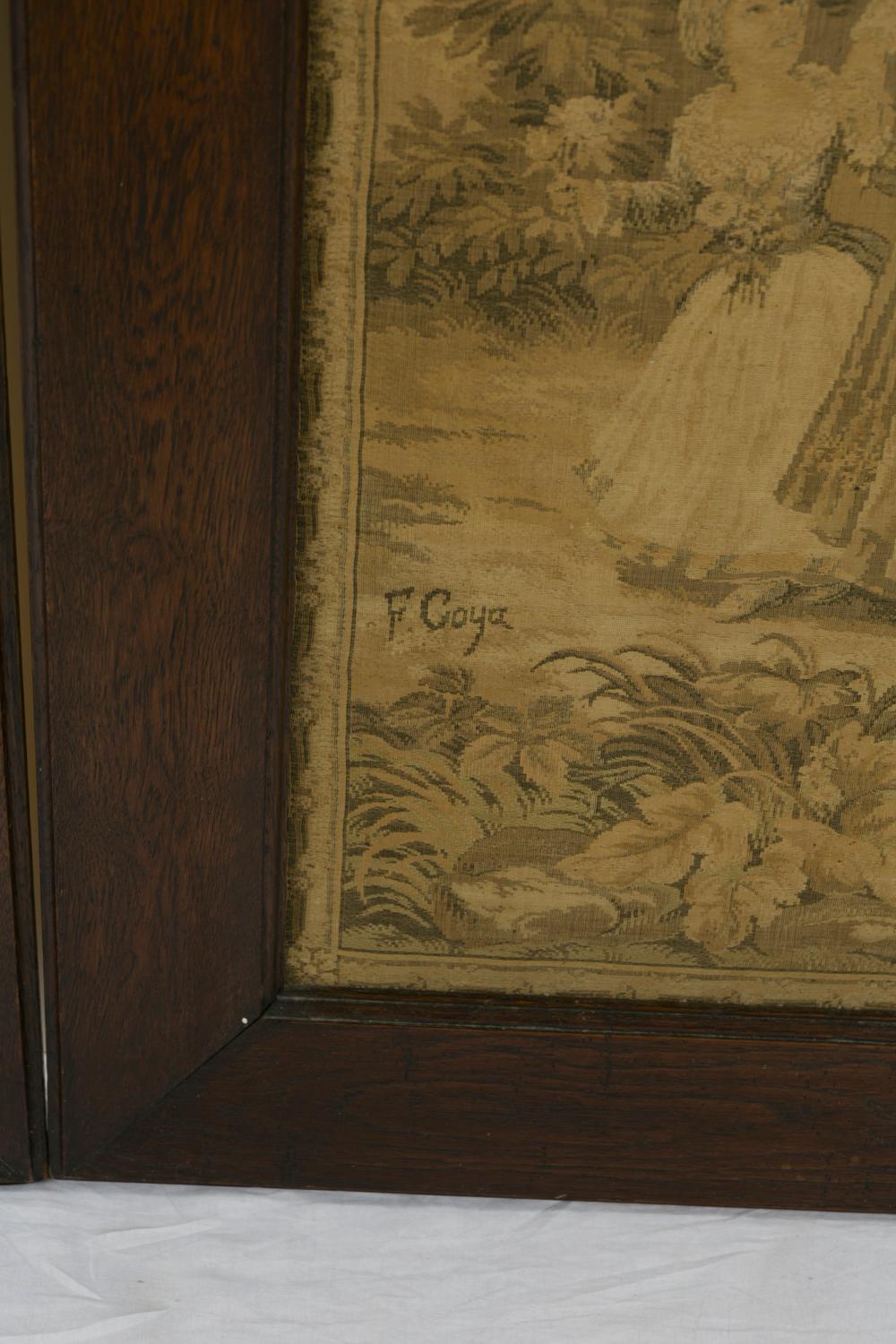 Fabric 19th-20th Century Pair of Framed Wall Tapestry, Gobelins, in Solid Oak Frame For Sale