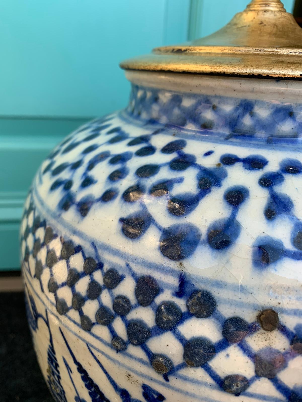19th-20th Century Blue and White Salt Glazed Porcelain Lamp, Custom Base 5