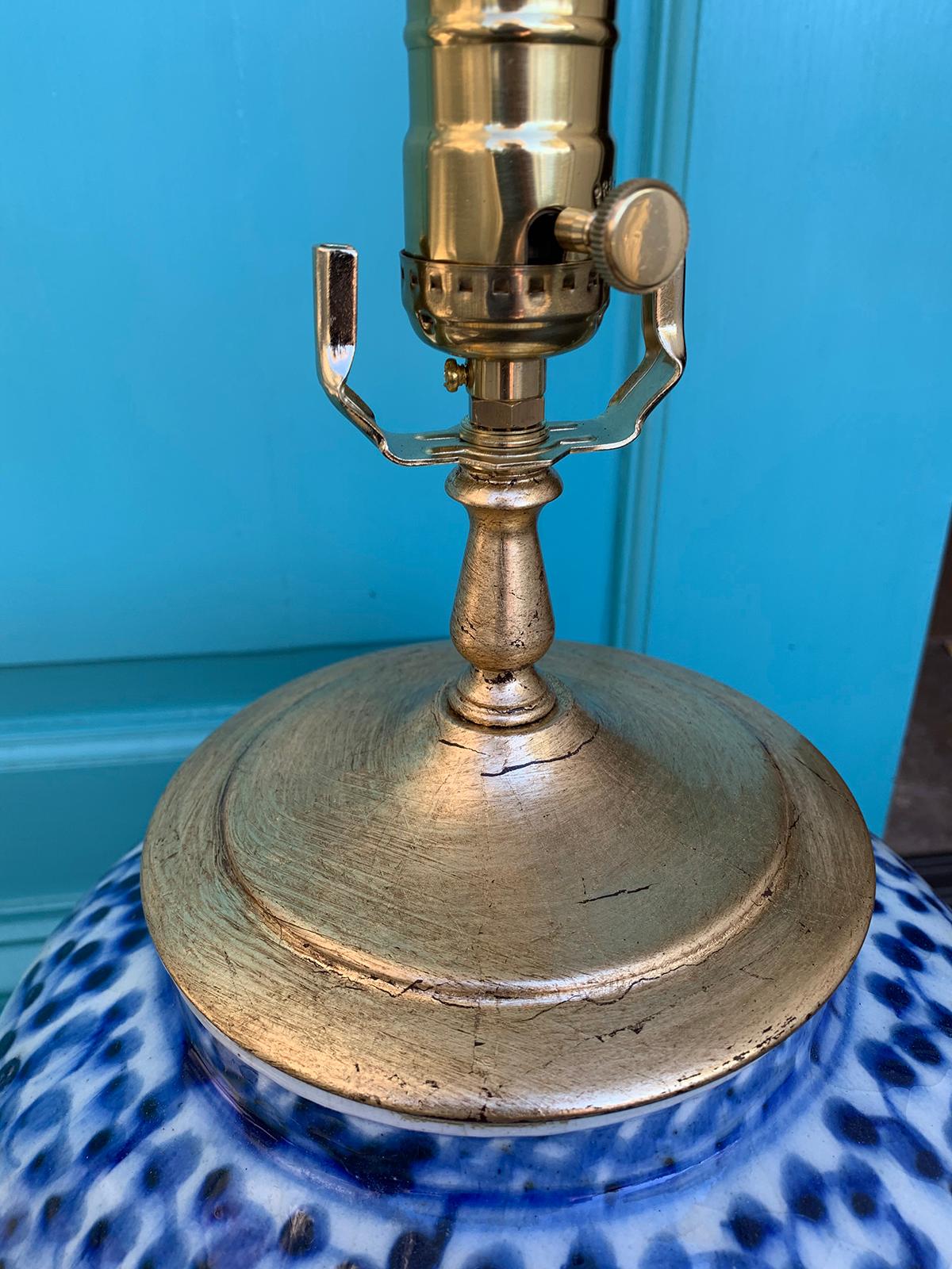19th-20th Century Blue and White Salt Glazed Porcelain Lamp, Custom Base 6