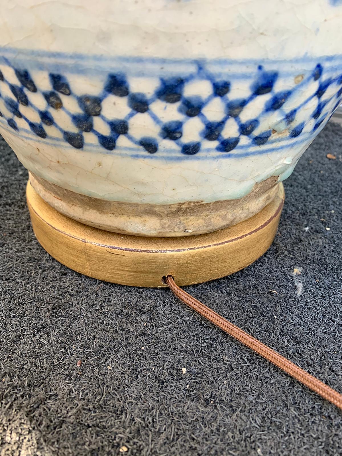 19th-20th Century Blue and White Salt Glazed Porcelain Lamp, Custom Base 8
