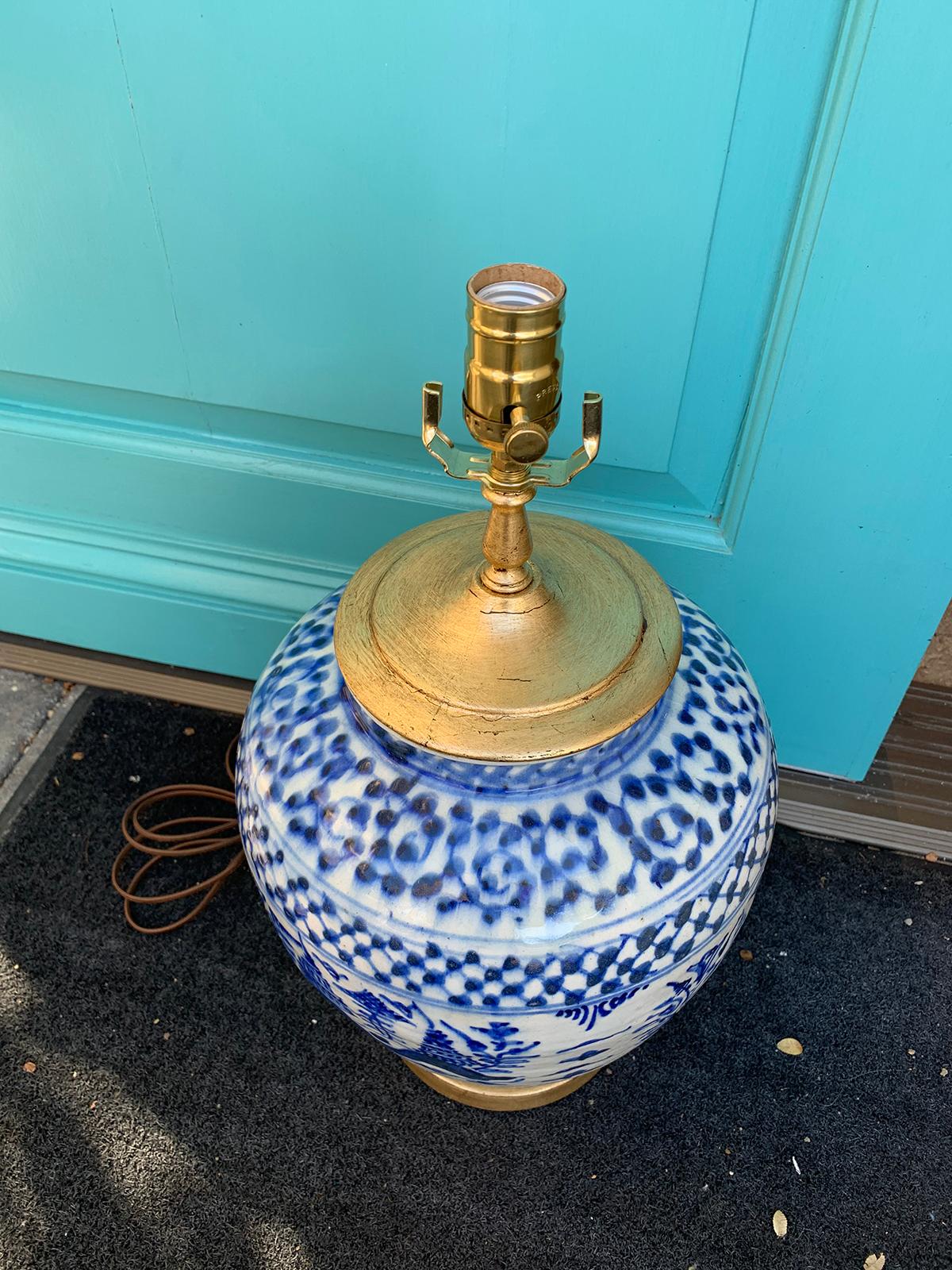 19th-20th Century Blue and White Salt Glazed Porcelain Lamp, Custom Base 9