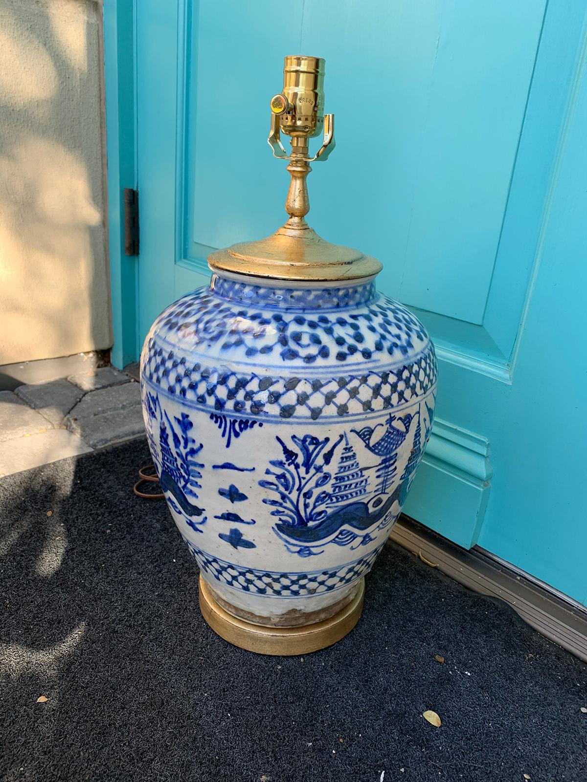 19th-20th Century Blue and White Salt Glazed Porcelain Lamp, Custom Base In Good Condition In Atlanta, GA