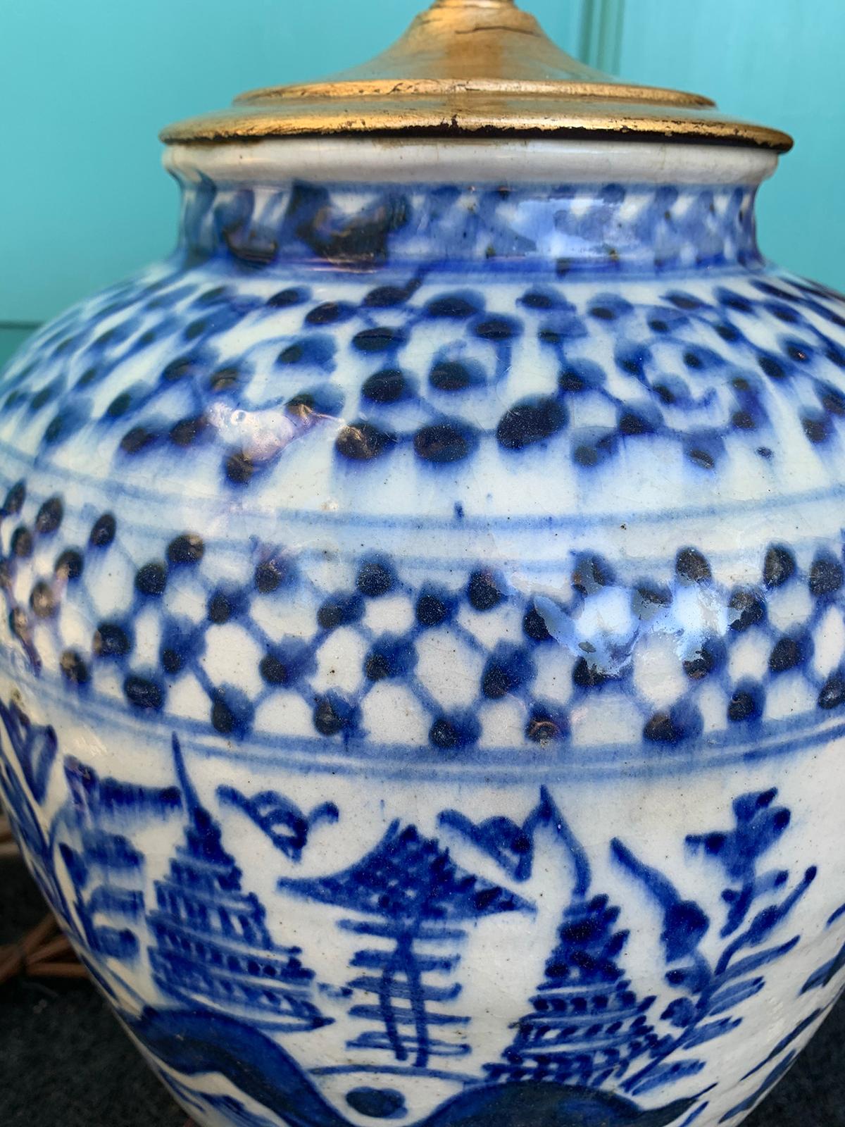 19th Century 19th-20th Century Blue and White Salt Glazed Porcelain Lamp, Custom Base