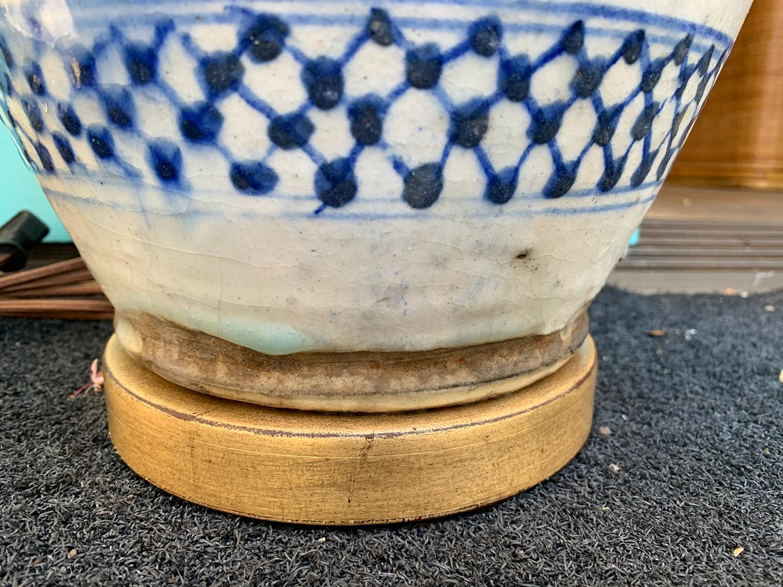 19th-20th Century Blue and White Salt Glazed Porcelain Lamp, Custom Base 2