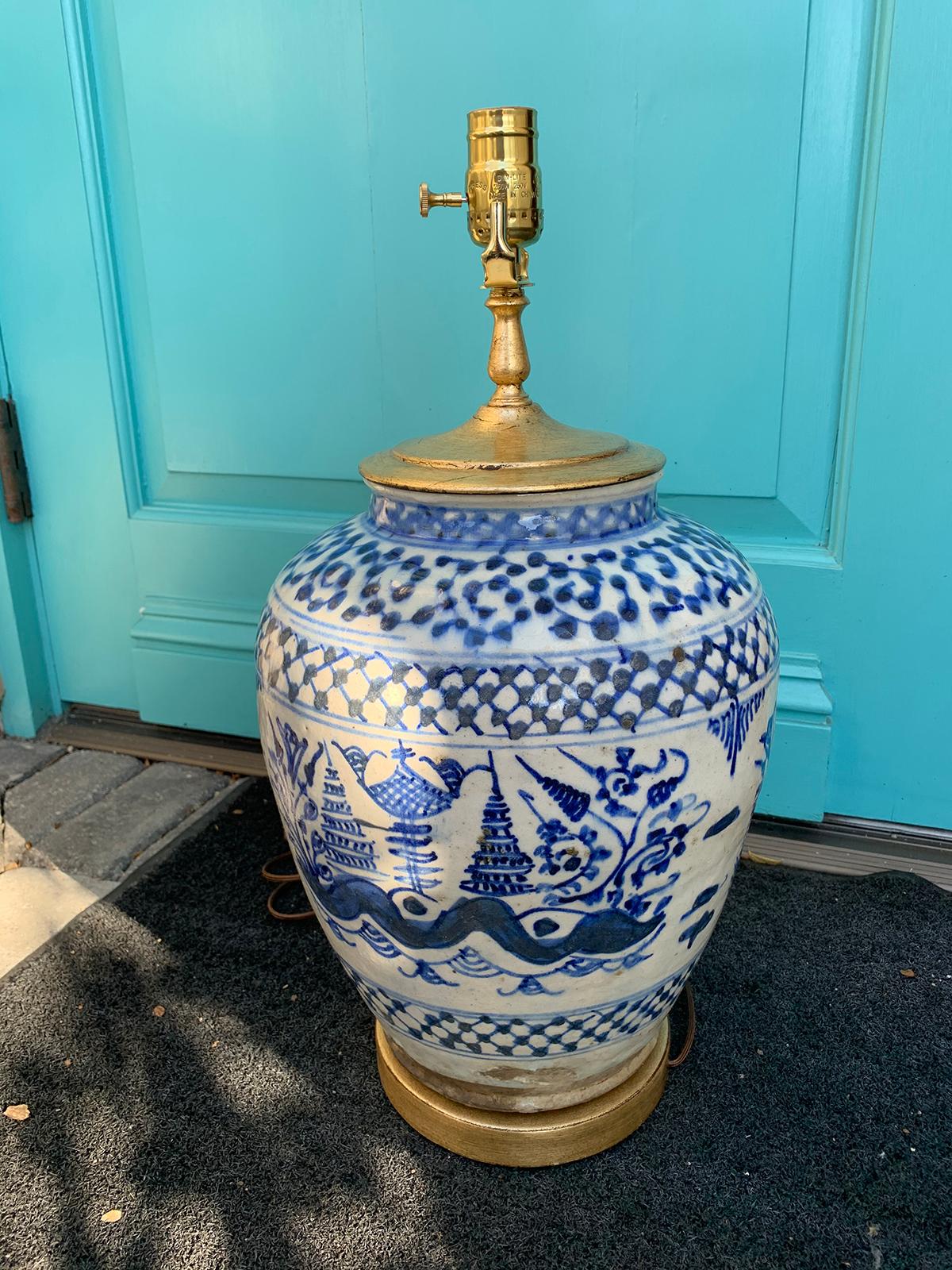 19th-20th Century Blue and White Salt Glazed Porcelain Lamp, Custom Base 3