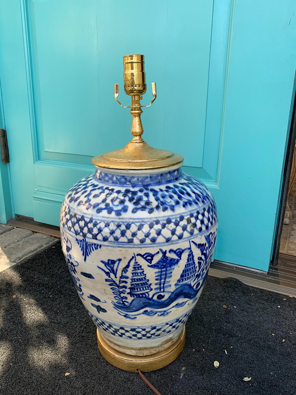 19th-20th Century Blue and White Salt Glazed Porcelain Lamp, Custom Base 4
