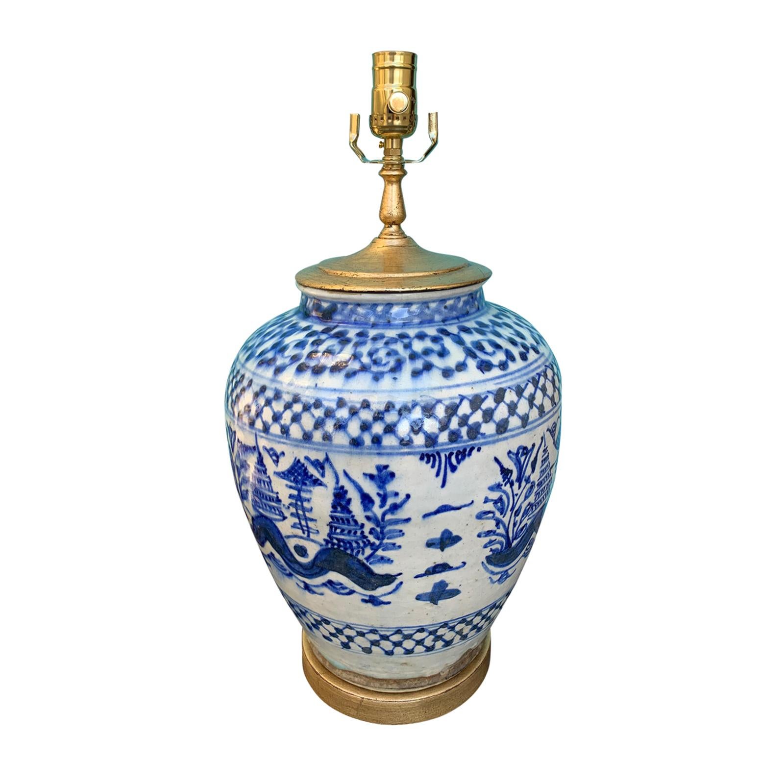 19th-20th Century Blue and White Salt Glazed Porcelain Lamp, Custom Base