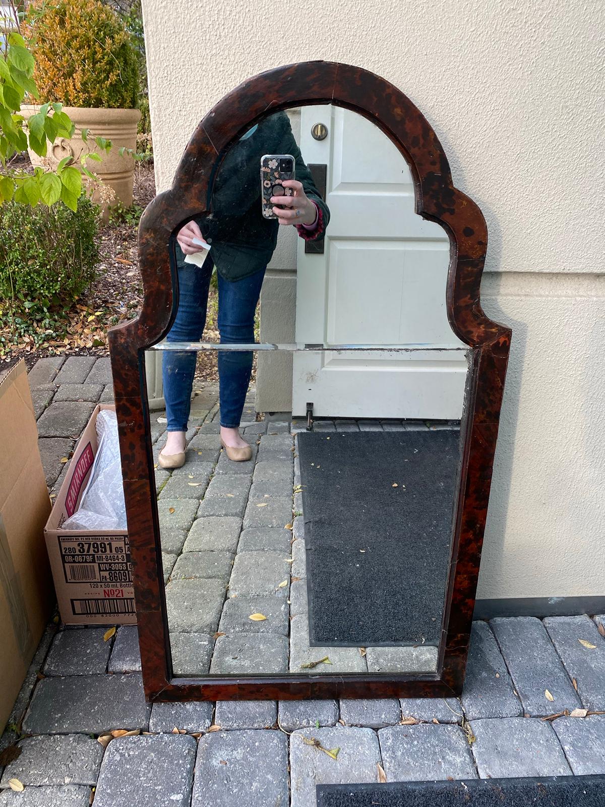 19th-20th century Queen Anne style Maybe Faux tortoise shell mirror
These photos show pre-restoration. We are having it touched up.