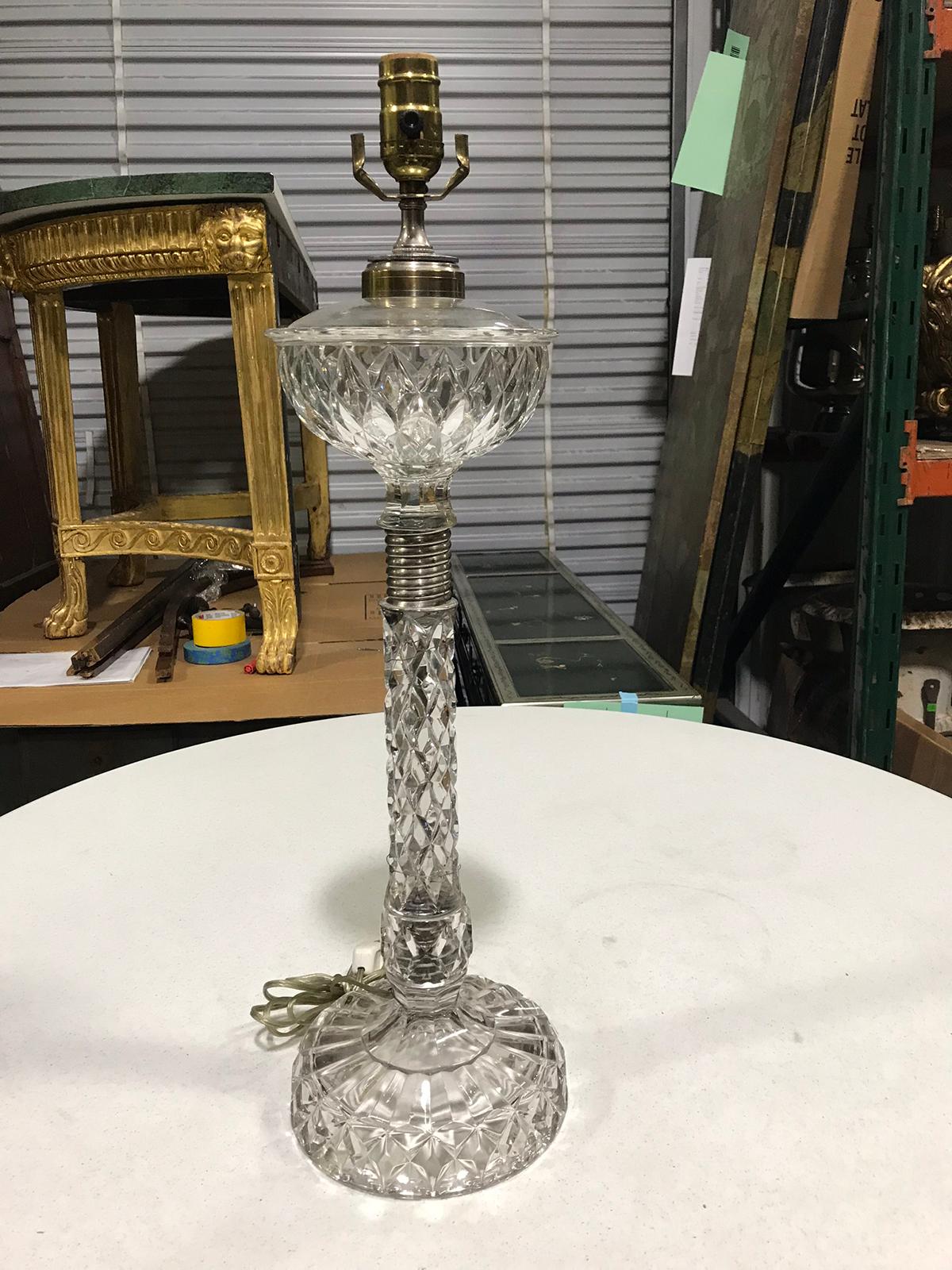 19th-20th century quilted glass lamp with oil font
New wiring.