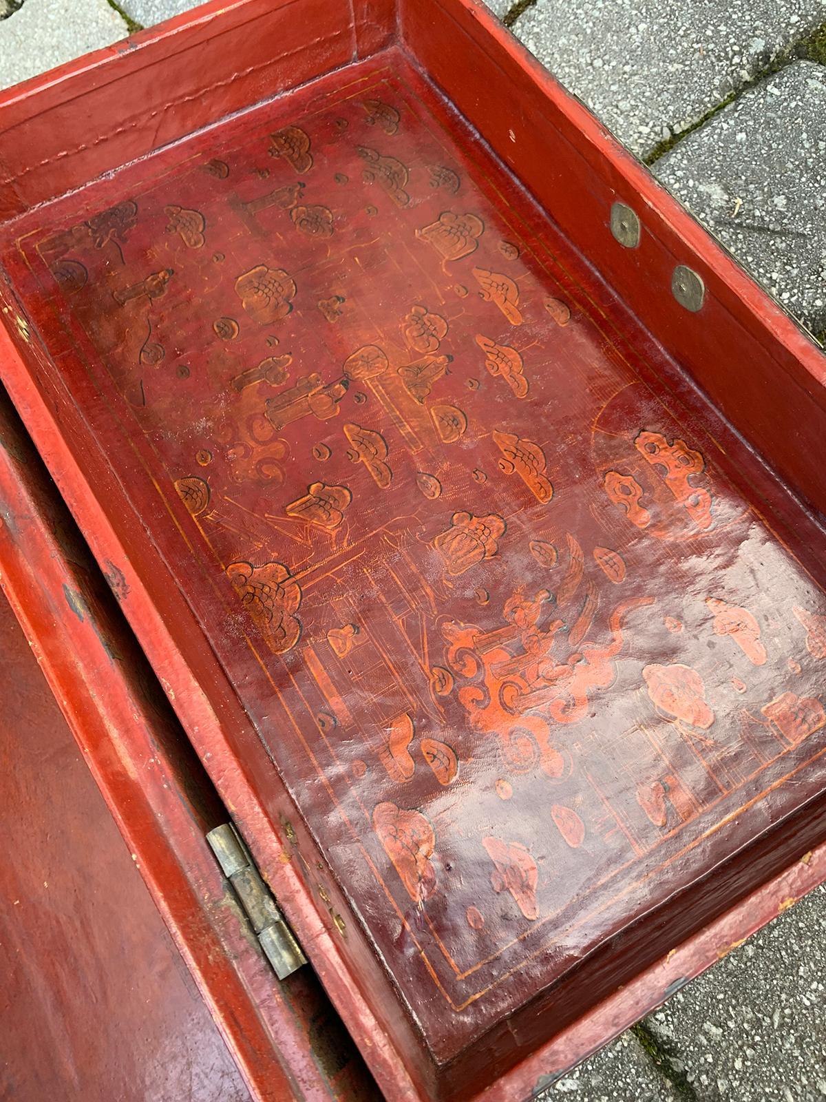 19th-20th Century Red Leather Chinese Lacquered Chinoiserie Box, Brass Lock 7