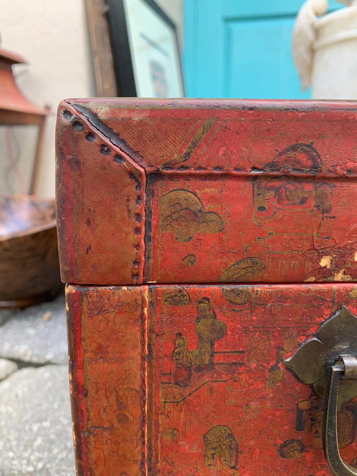 19th-20th Century Red Leather Chinese Lacquered Chinoiserie Box, Brass Lock 11