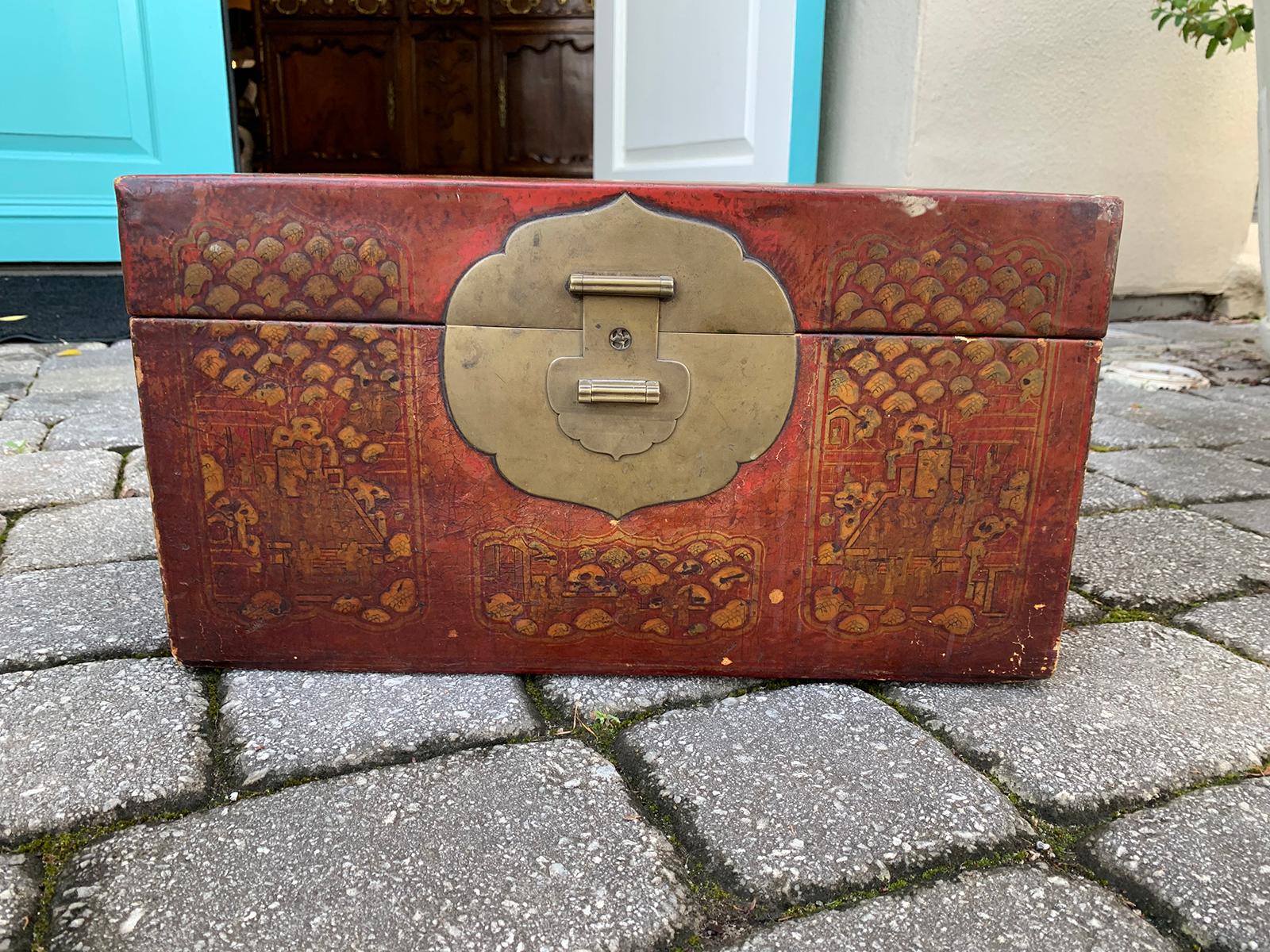 19th-20th century red leather Chinese lacquered chinoiserie box, brass lock.