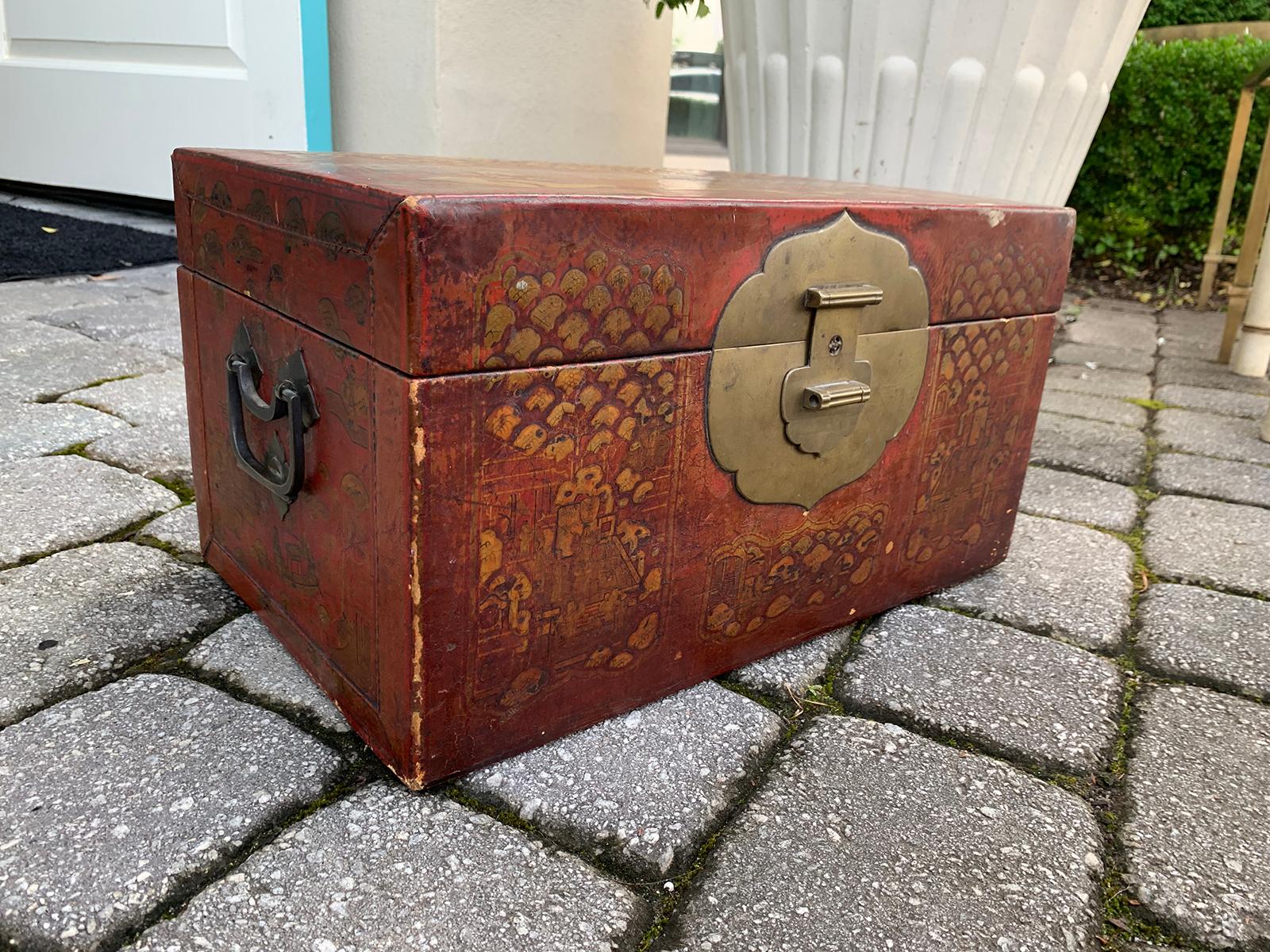 19th-20th Century Red Leather Chinese Lacquered Chinoiserie Box, Brass Lock 1