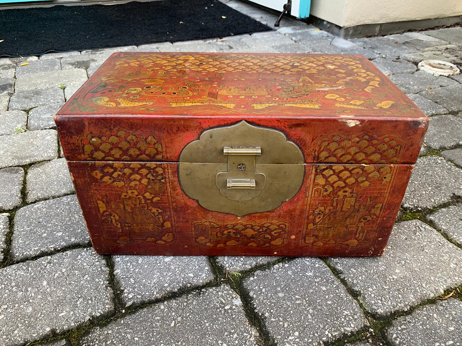 19th-20th Century Red Leather Chinese Lacquered Chinoiserie Box, Brass Lock 2