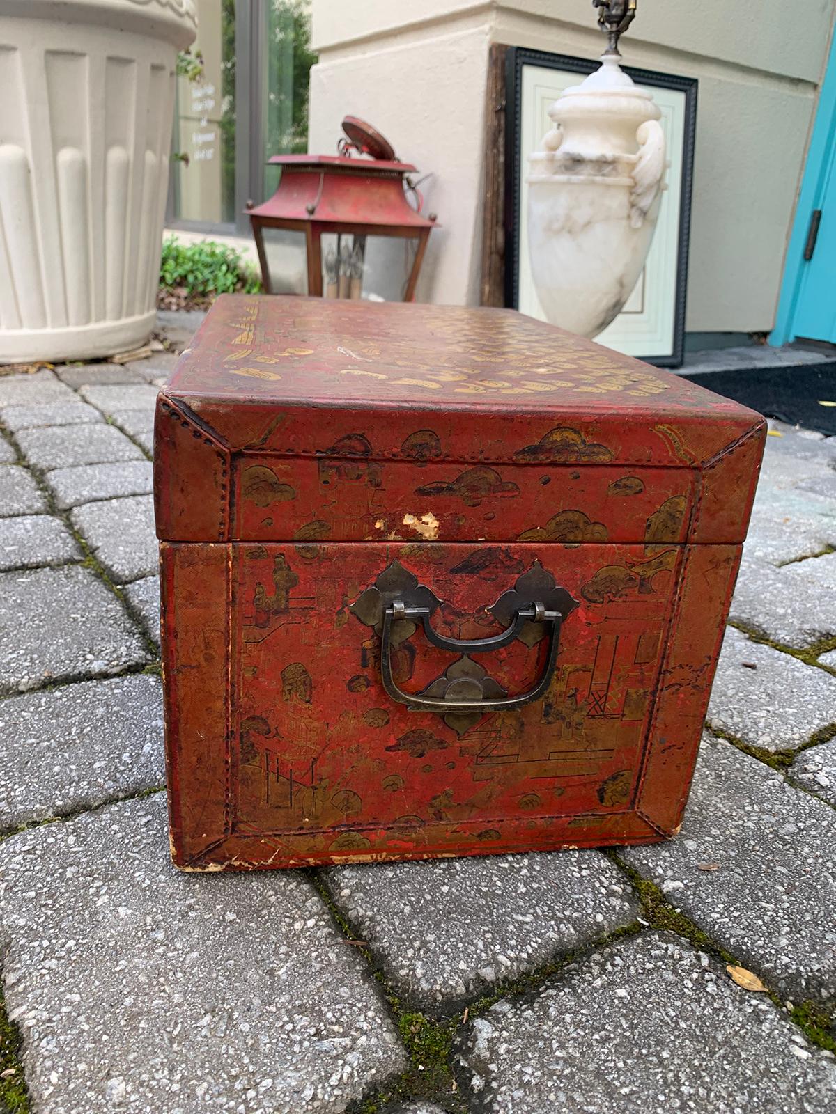 19th-20th Century Red Leather Chinese Lacquered Chinoiserie Box, Brass Lock 5