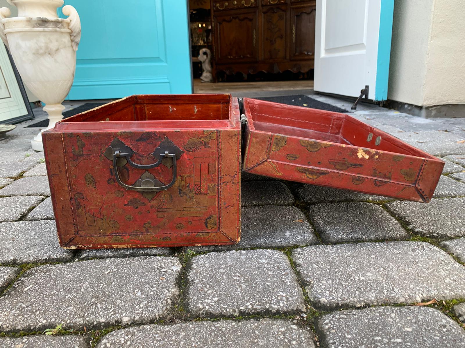19th-20th Century Red Leather Chinese Lacquered Chinoiserie Box, Brass Lock 6