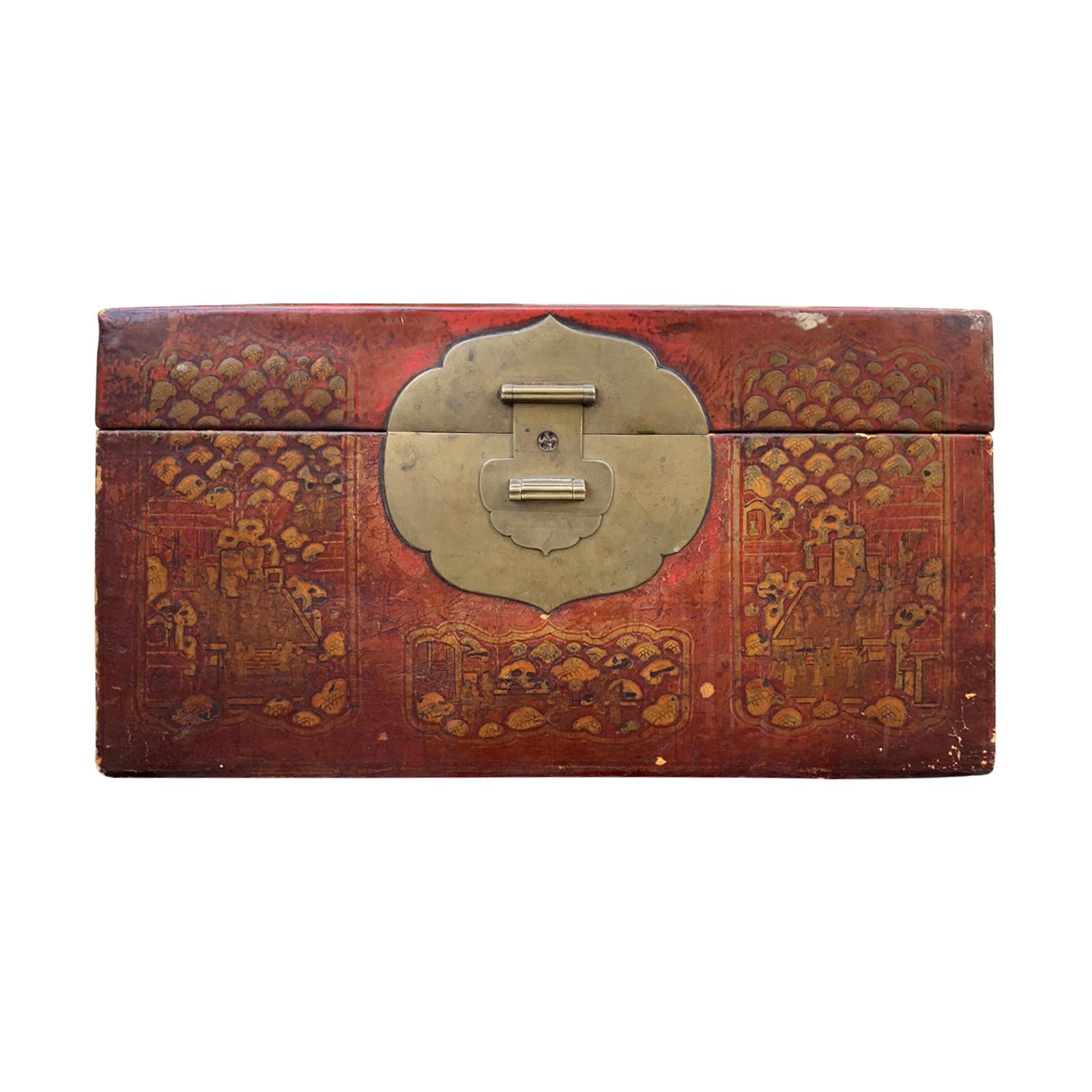 19th-20th Century Red Leather Chinese Lacquered Chinoiserie Box, Brass Lock
