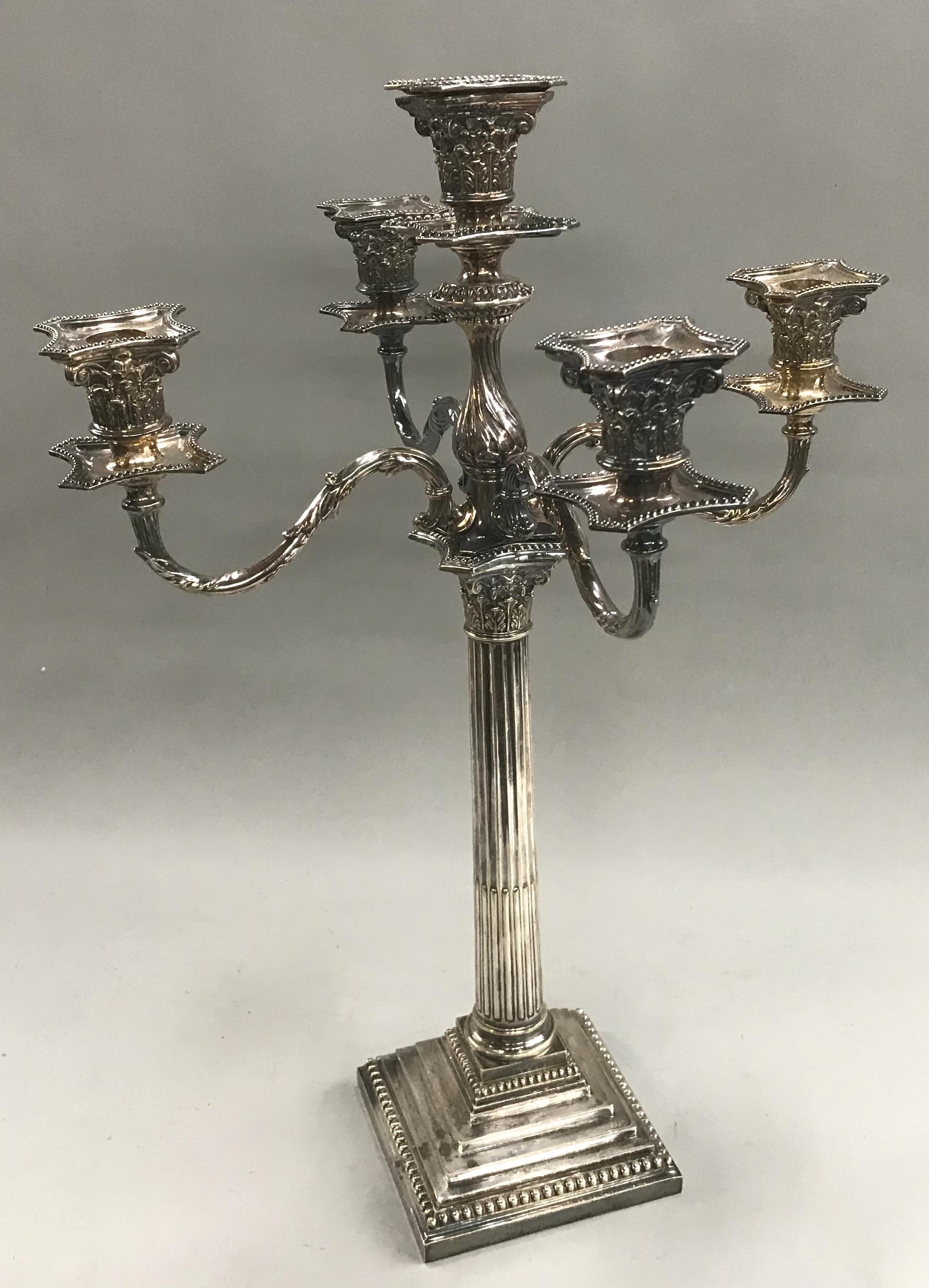A fine five-light Sheffield silver candelabrum with Corinthian capitals and stepped base, hallmarked by Hawksworth, Eyre, & Co. Charles Hawksworth and John Eyre created the firm in 1833 and registered their first mark in 1862. In 1869 the