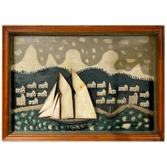 19th-20th Century Ship Diorama of a Schooner Against a Village Scene