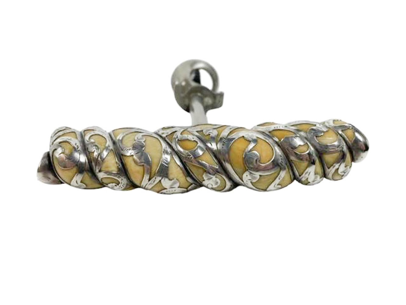 19th/20th Century Silver Overlaid Rope-Twist Carved Ivory Handled Corkscrew In Good Condition For Sale In Chapel Hill, NC