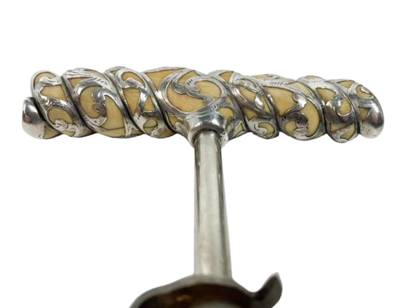 Sterling Silver 19th/20th Century Silver Overlaid Rope-Twist Carved Ivory Handled Corkscrew For Sale